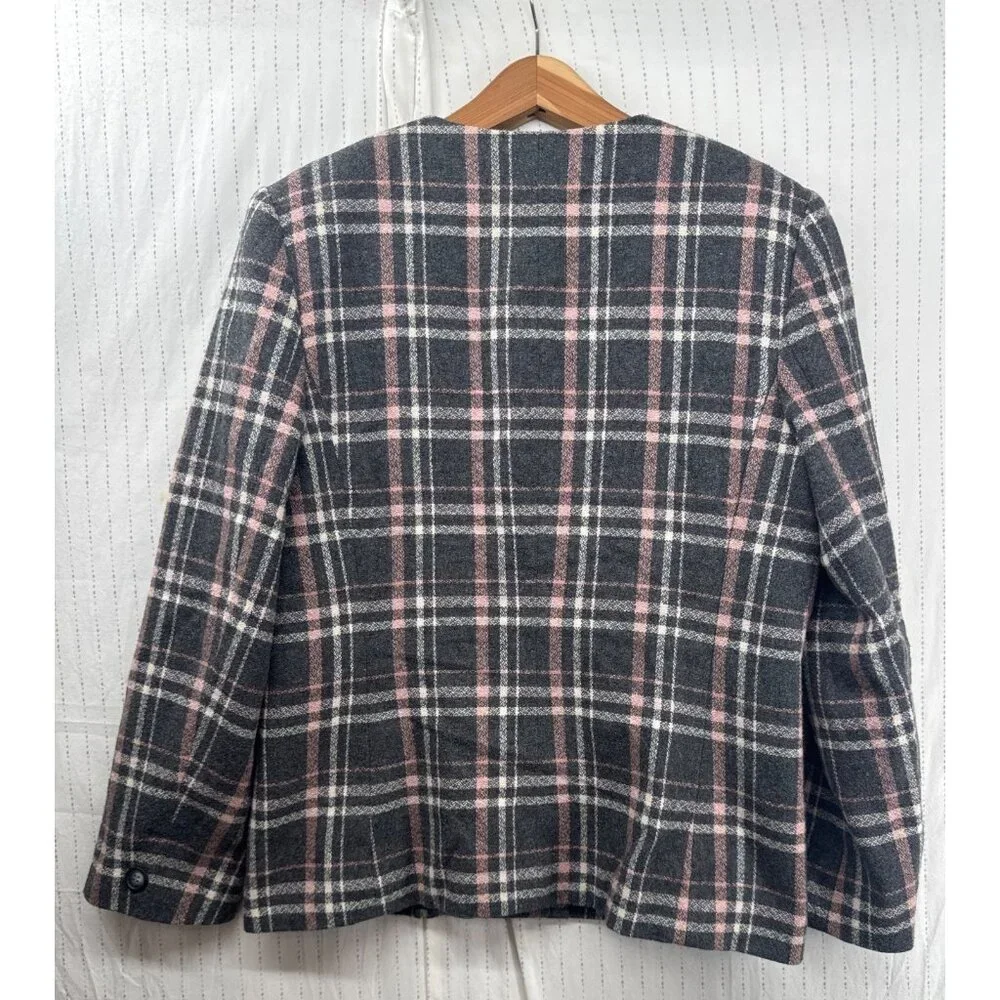 Vintage Leslie Fay Womens Blazer Sz 12 Gray/Pink Plaid Classic Wool Blend Boxy - Picture 2 of 12